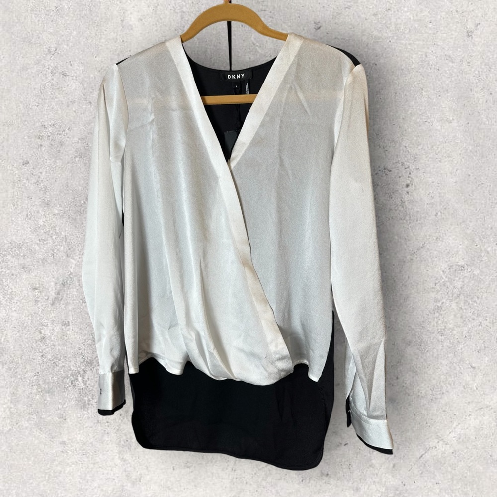 NWT DKNY Hammered Satin Hi-Lo Twist-Front Blouse Ivory/black Size S